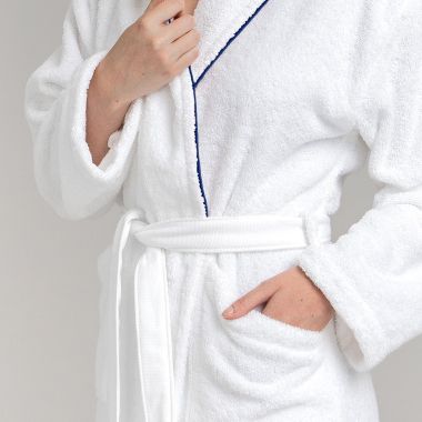 Peignoir coton bouclette col châle à bourdon 450 gsm - blanc/bleu