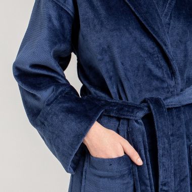 Peignoir velours de coton extérieur/bouclette intérieur 450 gsm - capuche - bleu