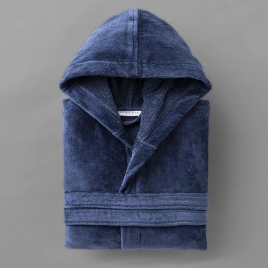 Peignoir velours de coton extérieur/bouclette intérieur 450 gsm - capuche - bleu