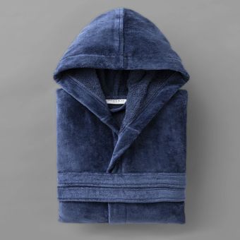 Plain cotton velour bathrobe with hood 450 gsm - navy blue