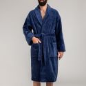 Plain cotton velour shawl collar bathrobe 450 gsm - navy blue