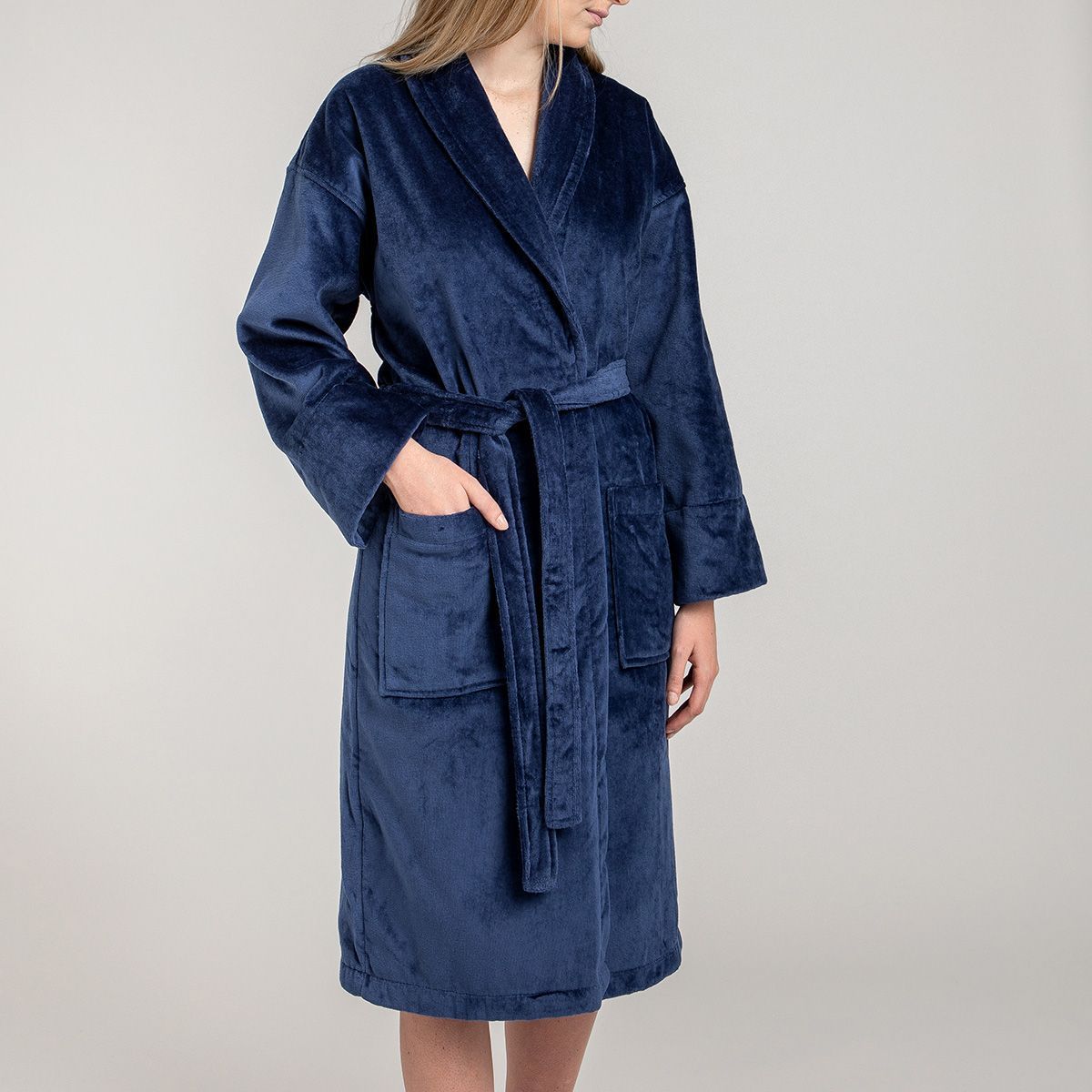 Plain cotton velour shawl collar bathrobe 450 gsm - navy blue
