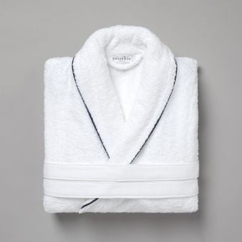 Peignoir coton bouclette col châle à bourdon 450 gsm - blanc/bleu
