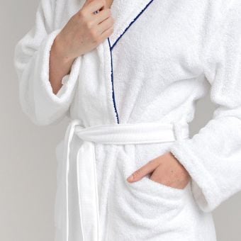 Peignoir coton bouclette col châle à bourdon 450 gsm - blanc/bleu
