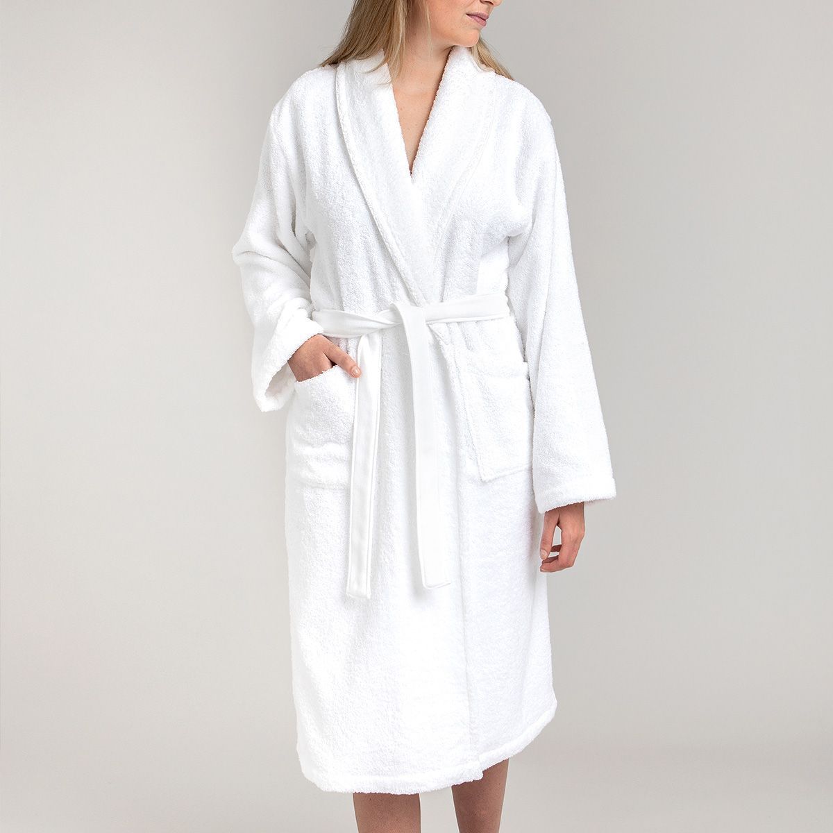 Peignoir coton bouclette col châle à bourdon 450 gsm - blanc