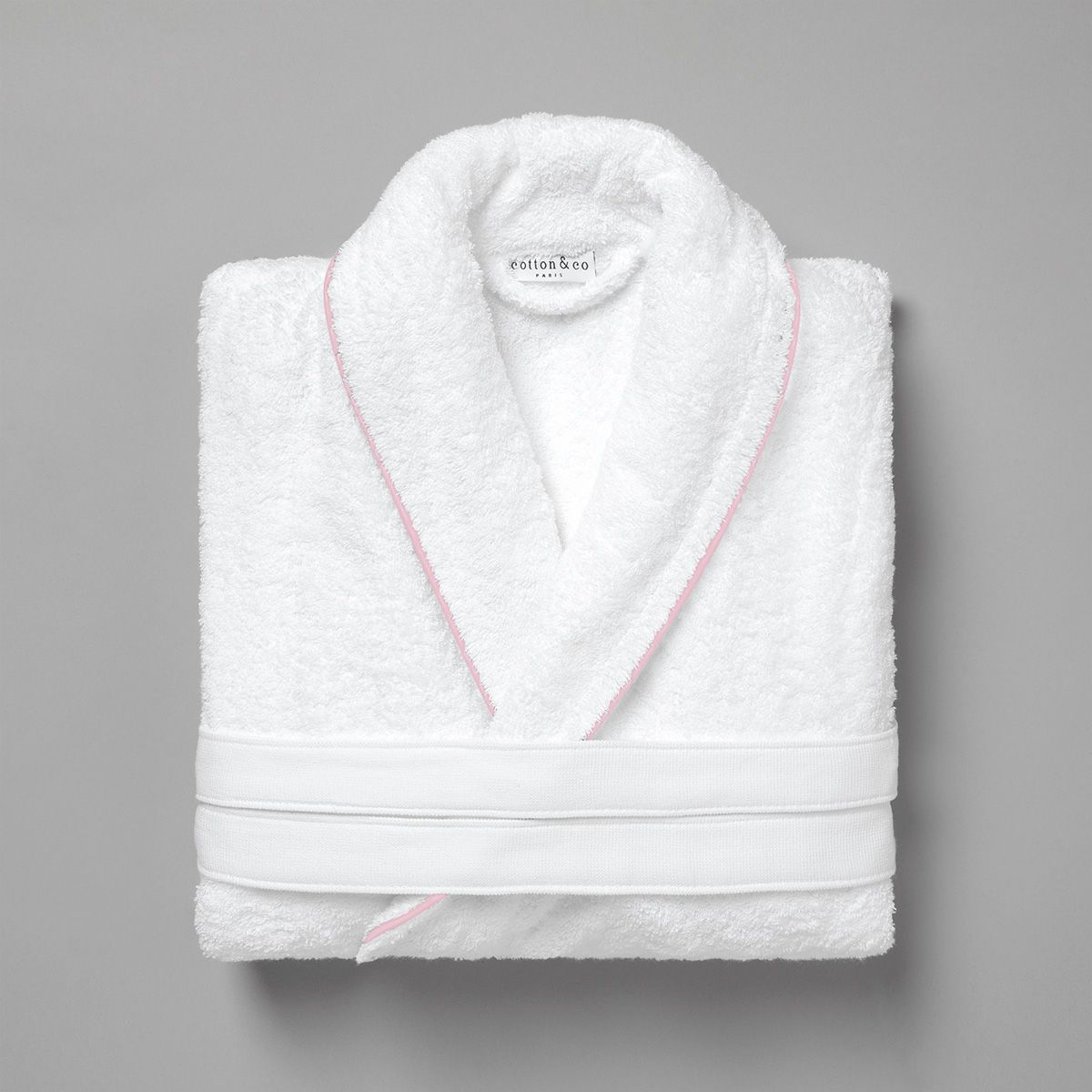 Peignoir coton bouclette col châle à bourdon 450 gsm - blanc/rose
