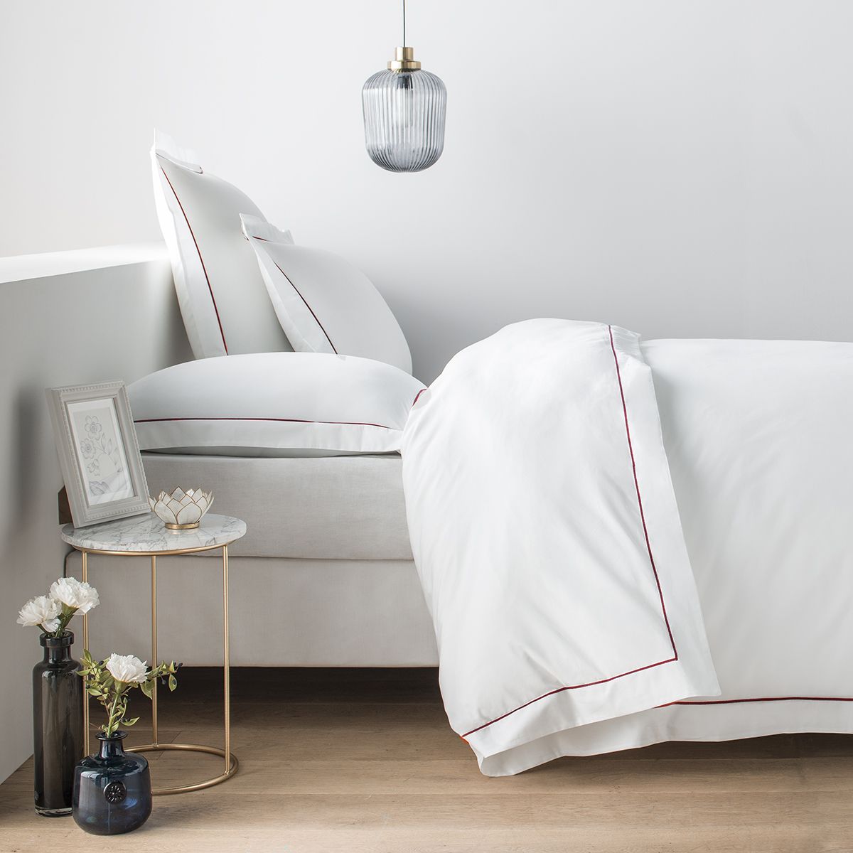 Parure de lit en percale de coton 160 fils avec bourdon bordeaux