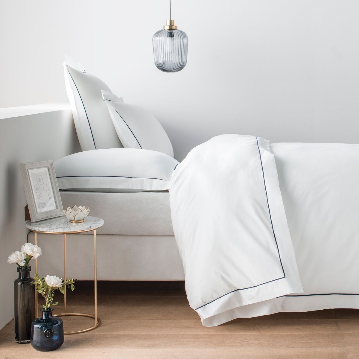 Parure de lit en percale de coton 160 fils avec bourdon bleu