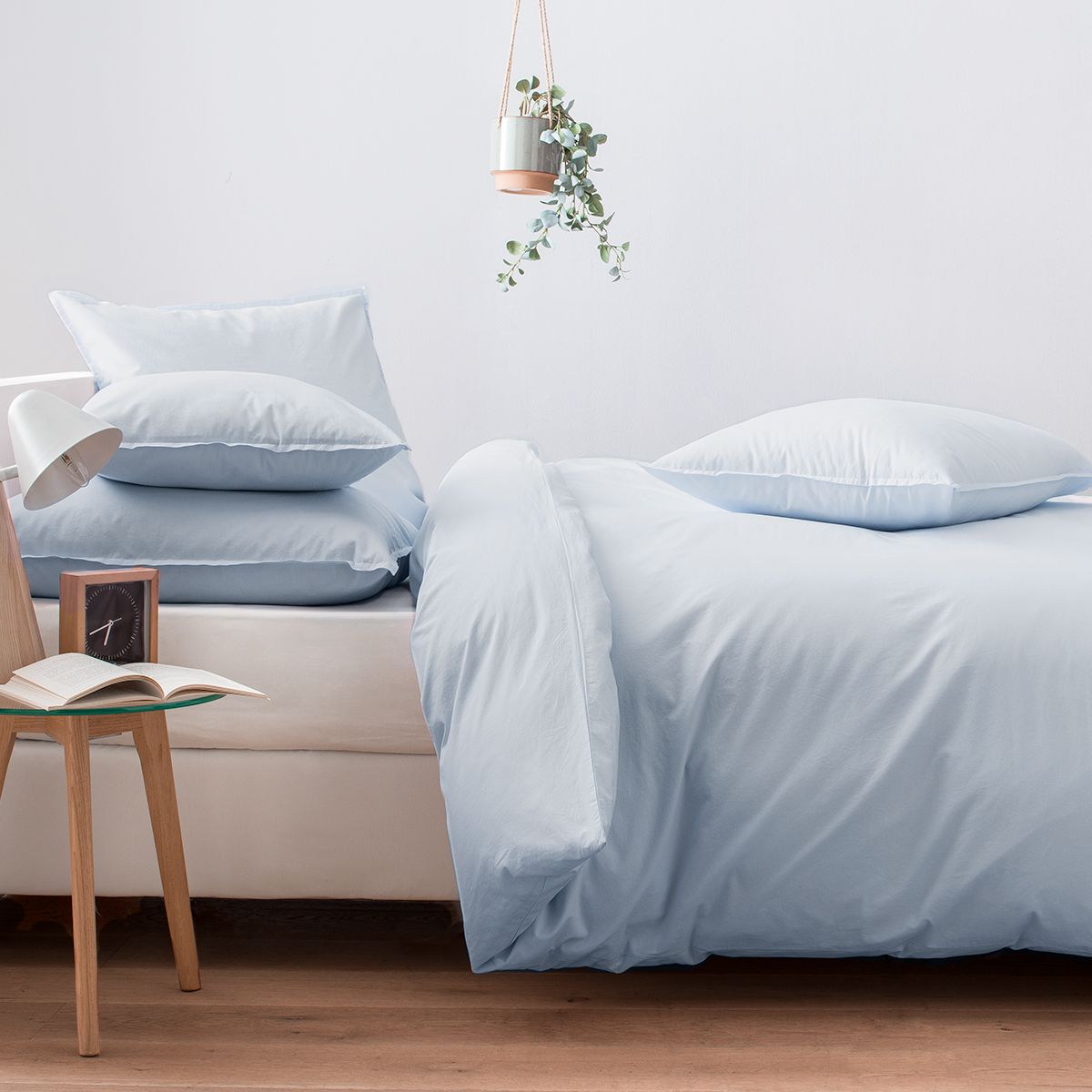 Parure de lit en percale lavée de coton 120 fils - bleu pâle