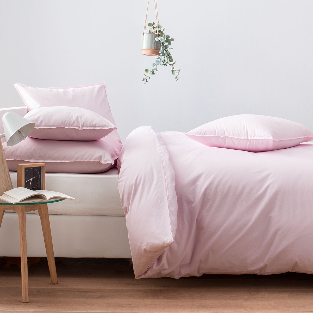 Parure de lit en percale lavée de coton 120 fils - rose pâle