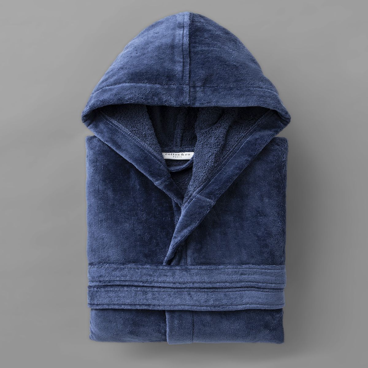 Peignoir velours de coton extérieur/bouclette intérieur 450 gsm - capuche - bleu