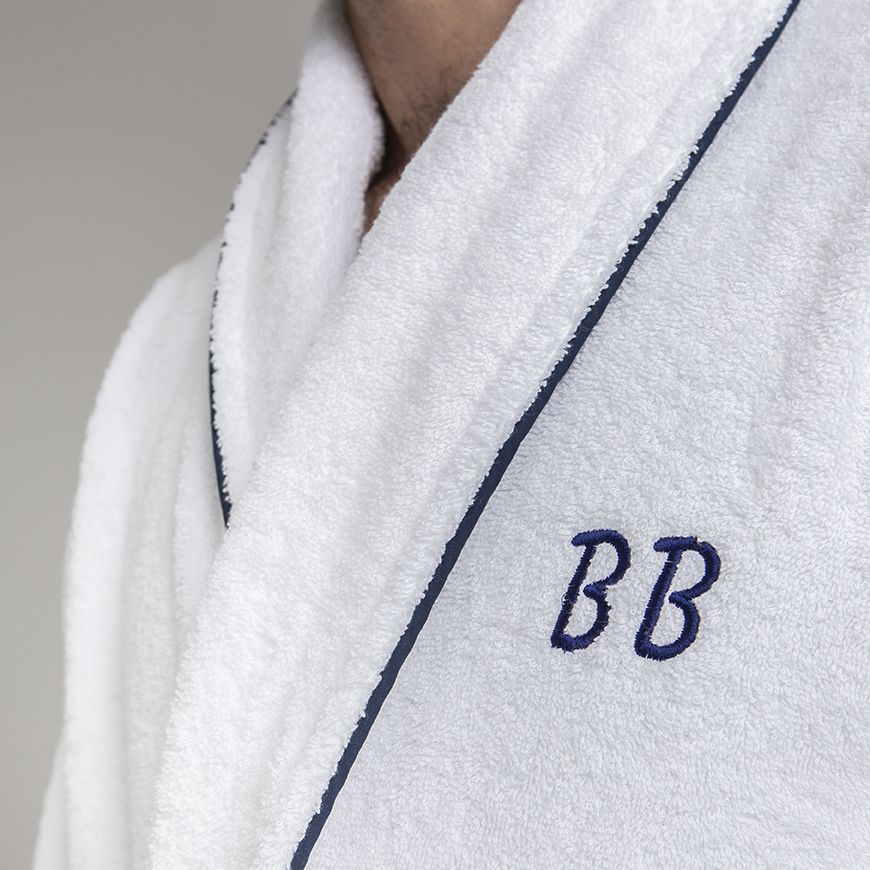 Plain cotton velour bathrobe with hood 450 gsm - navy blue