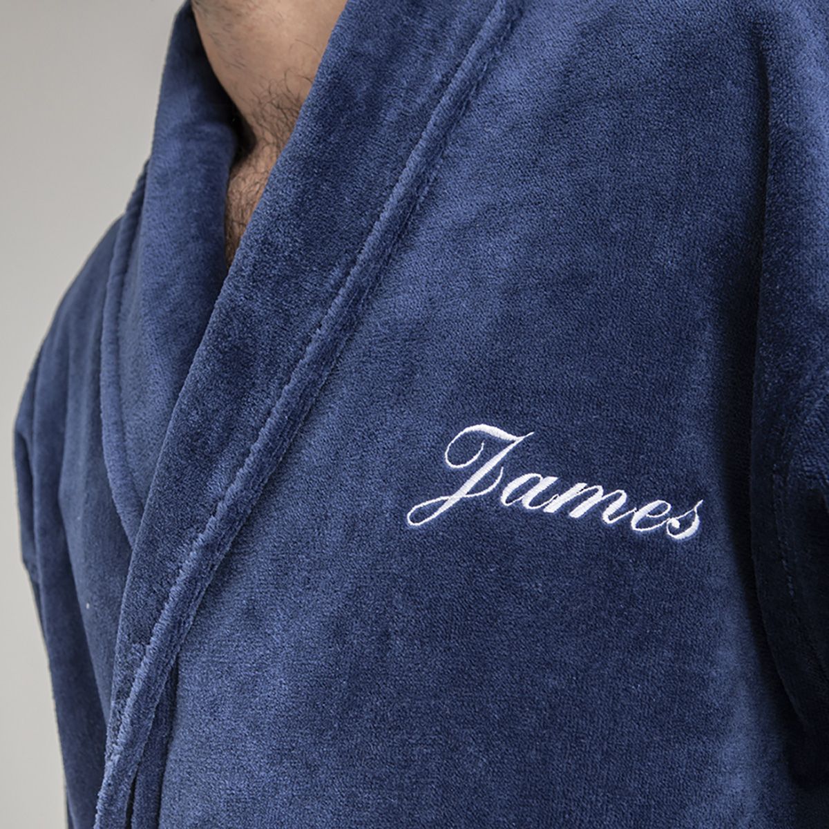 Plain cotton velour bathrobe with hood 450 gsm - navy blue